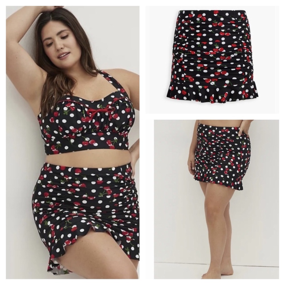 Torrid Retro Swim High-Rise Long Ruched Skirt 2 2x skort cherries black & white